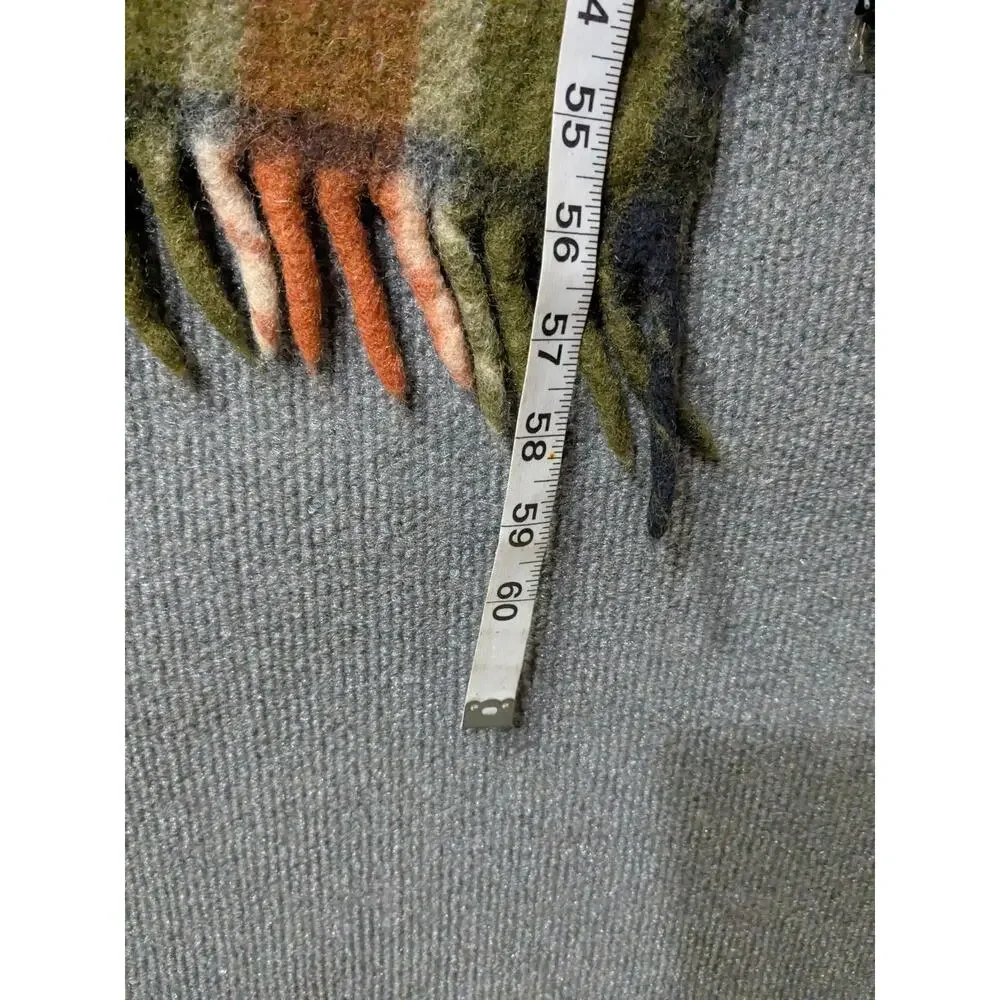 Vintage Faribo Fluff-Loomed Wool Blanket Green Orange Fringe 46x56 Throw EUC